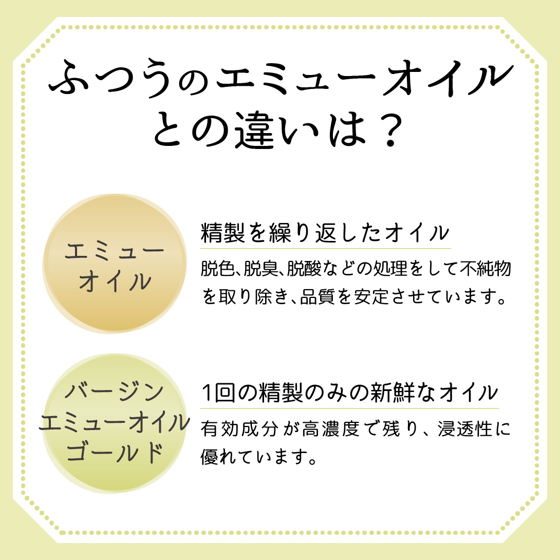 エミューオイルとバージンエミューオイルの違いは精製の回数です。バージンエミューは一度のみの精製です