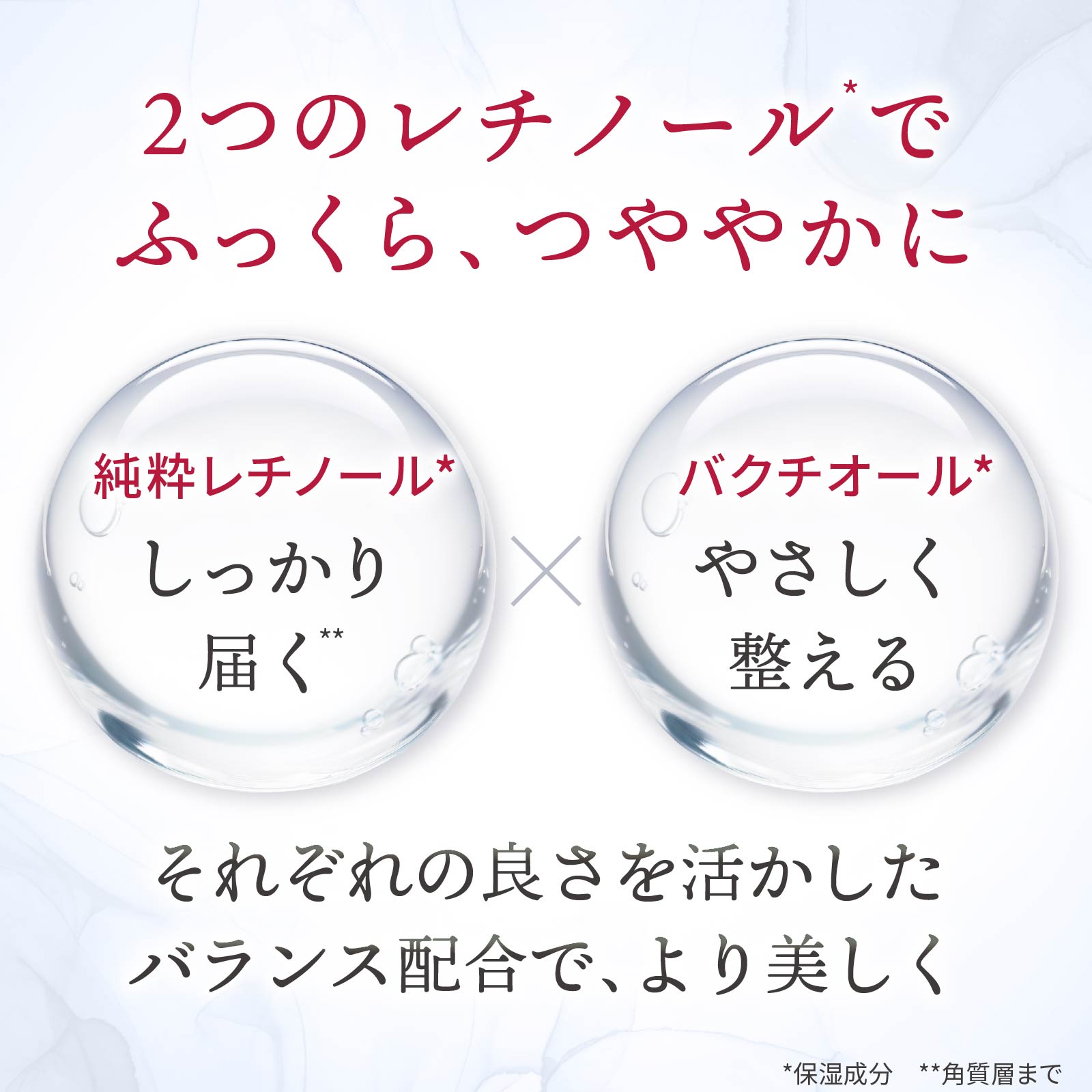 2つのレチノールでふっくら、つややかな肌に。純粋レチノールがしっかり肌に届き、植物性レチノール（バクチオール）がやさしく肌を整えます。それぞれの良さを生かしたバランス配合で、使いやすく、より美しい肌に導きます。