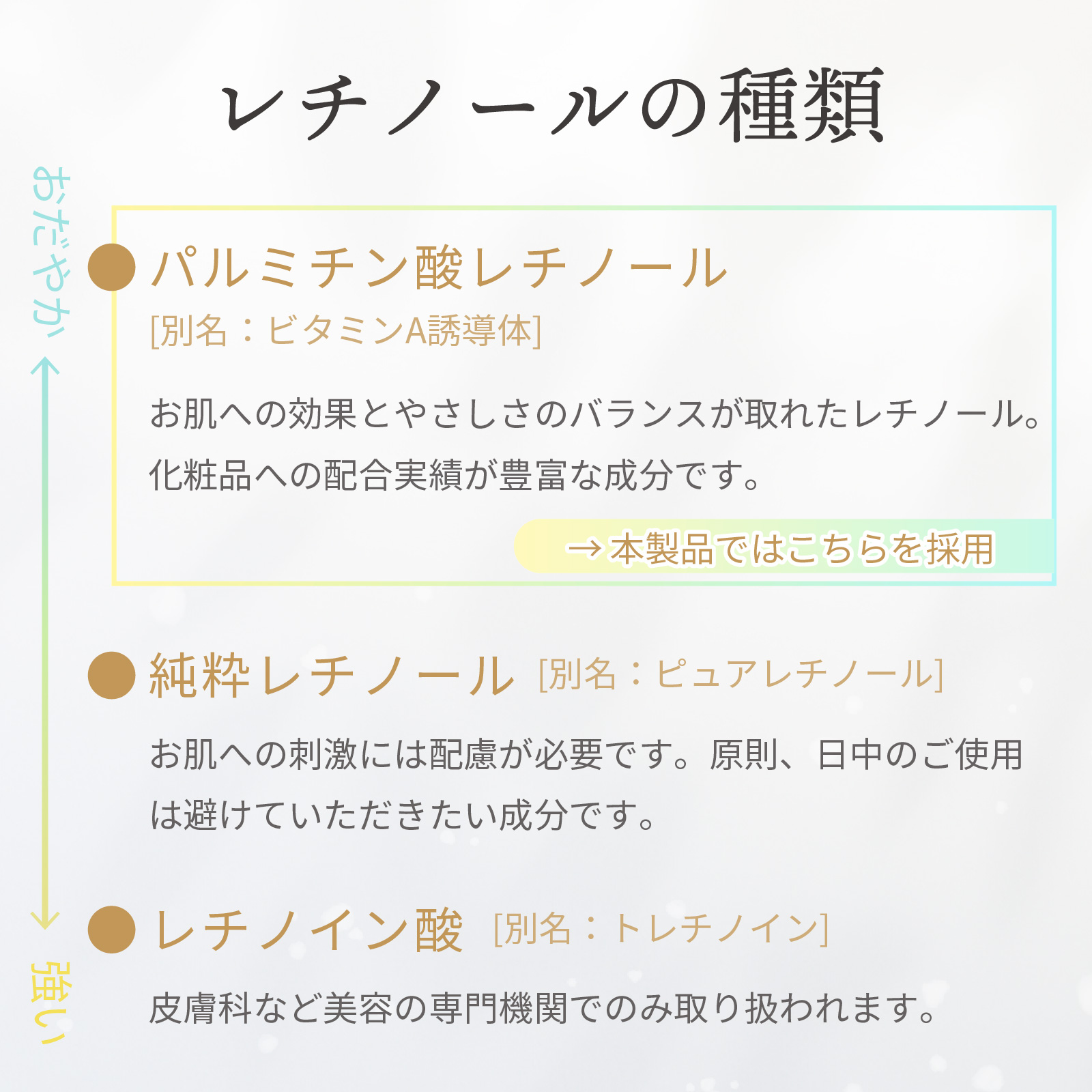 お肌への効果とやさしさのバランスが取れたレチノールを使用