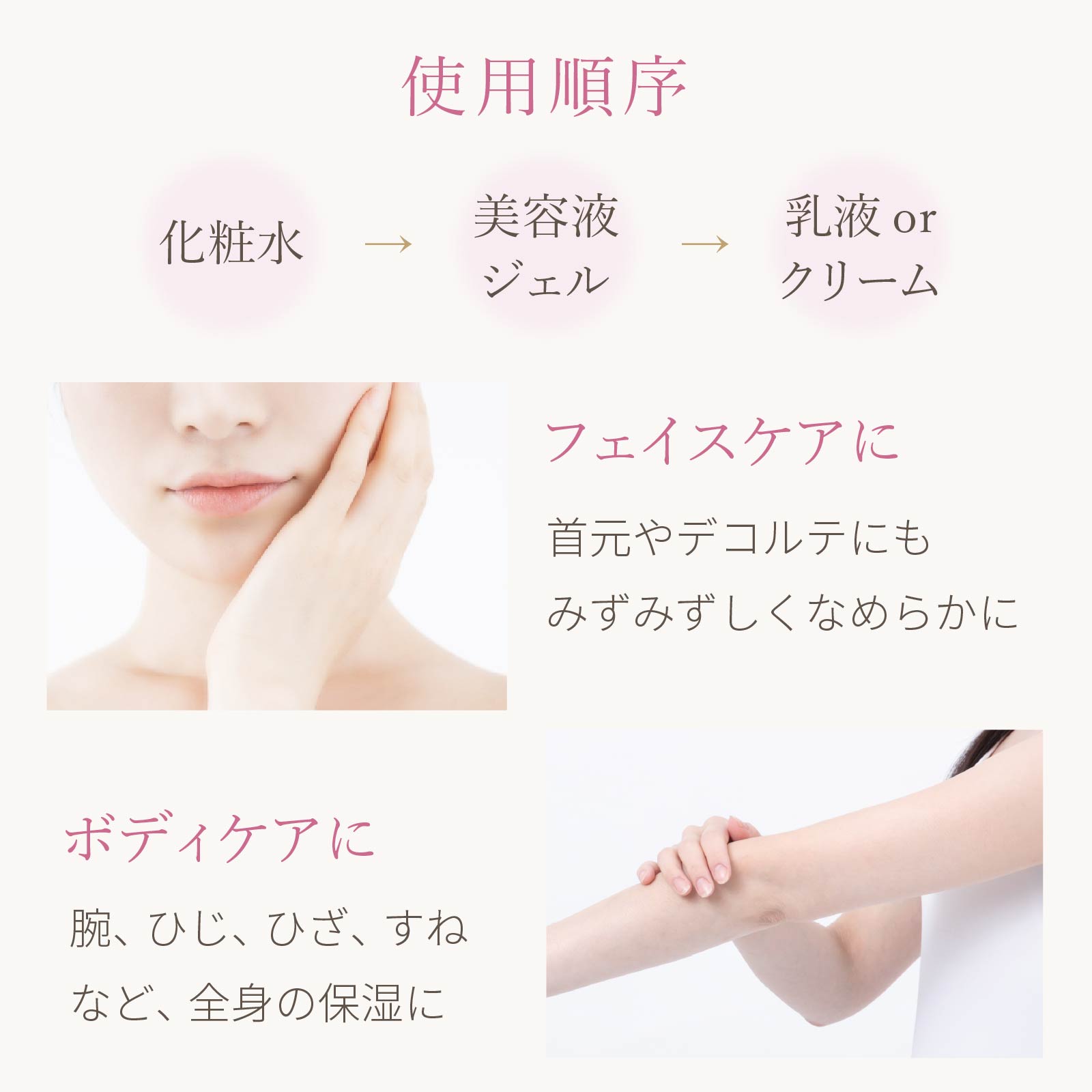 ご使用方法：化粧水の後にご使用ください。美容液ジェルを適量とって肌の優しくなじませます。お好みで最後に乳液またはクリームを塗ります。フェイスケア＆デコルテケア、ひじ、ひざ、すね等乾燥しやすい部分を中心にボディケアへのご使用もおすすめです。