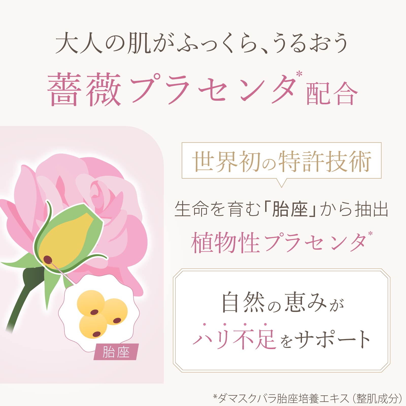 大人の肌がふっくらうるおう、薔薇プラセンタ配合。世界初の特許技術で「薔薇の胎座」から抽出された植物性プラセンタです。自然の恵みがハリ不足の肌をサポートします。
