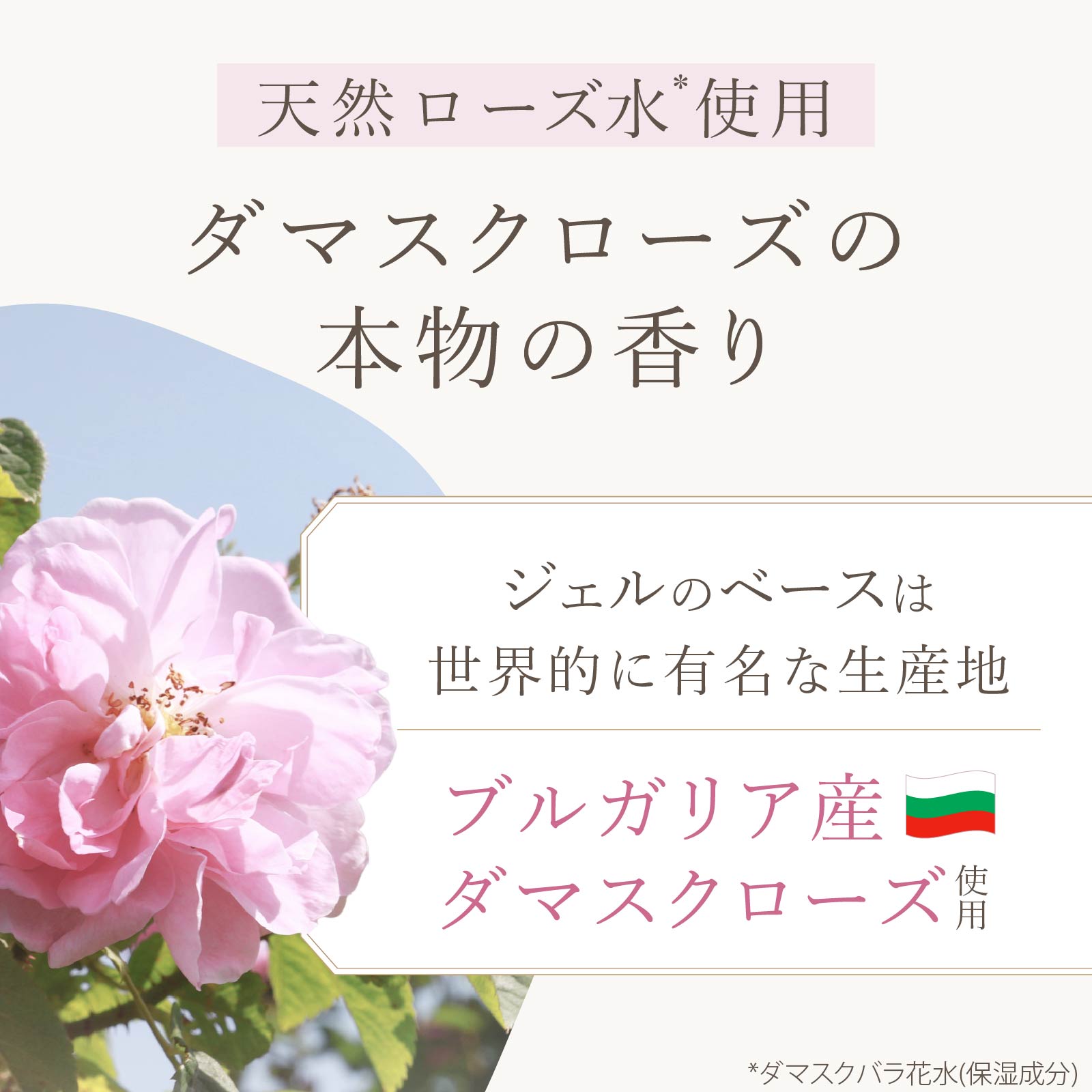 天然ローズ水使用。ダマスクローズの本物の香りが広がります。世界的に有名なブルガリア産のダマスクローズを使用しています。
