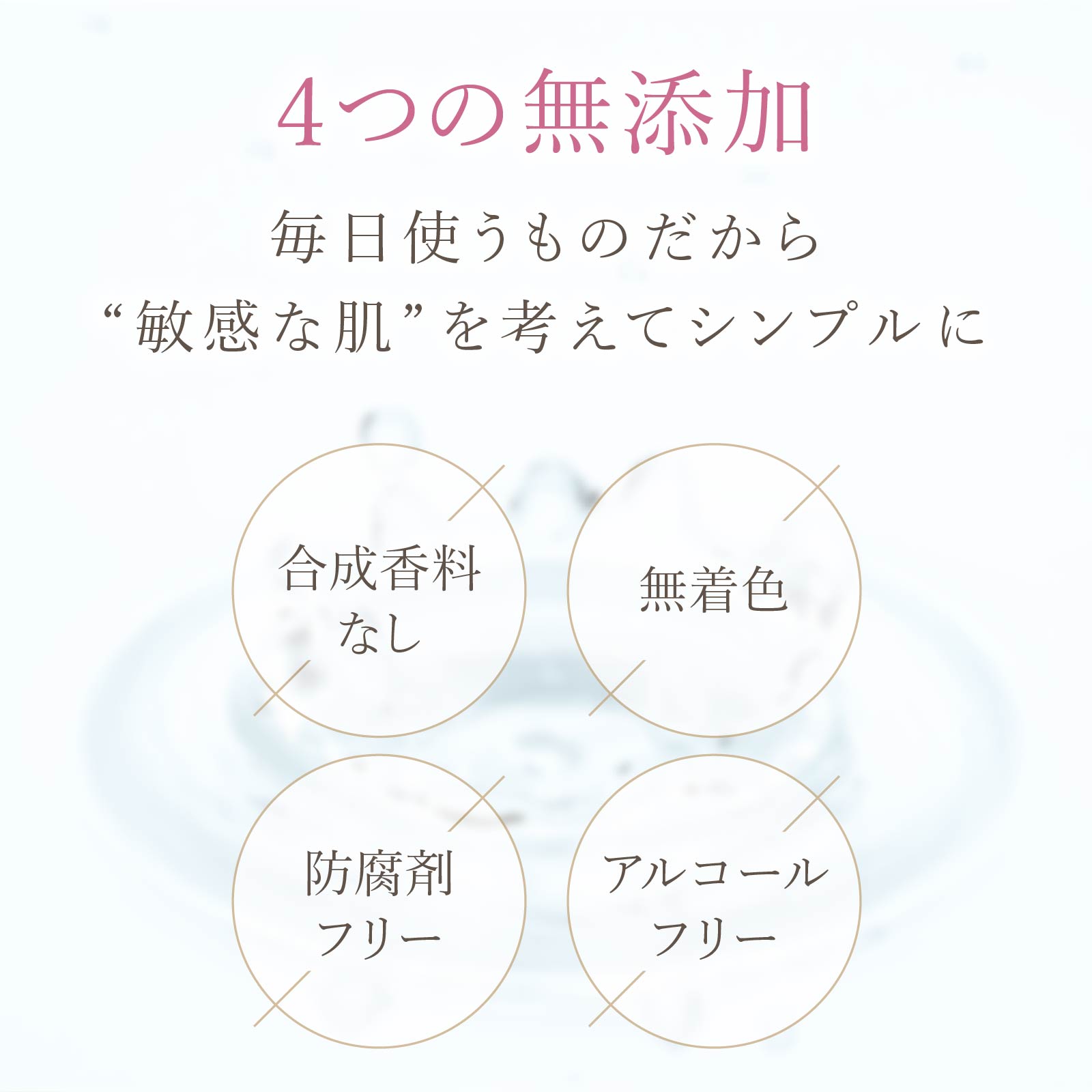 4つの無添加。合成香料フリー/無着色/防腐剤フリー/アルコールフリー